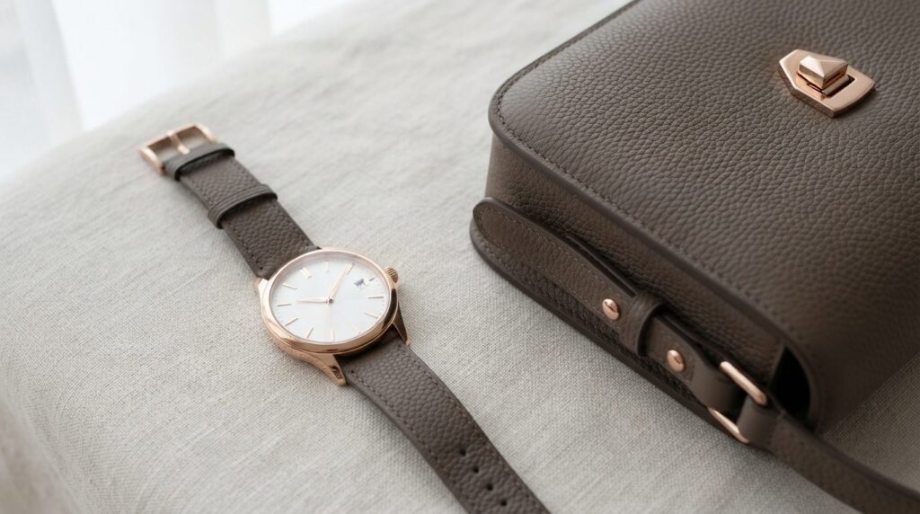 Close-up flat lay of a womans luxury wristwatch next to des