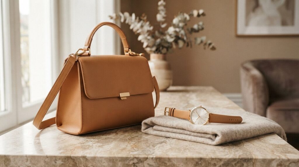 Lifestyle product shot of a coordinated womens watch and st