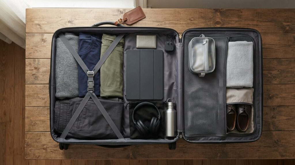 Overhead flat-lay styled shot of a packed carry-on suitcase