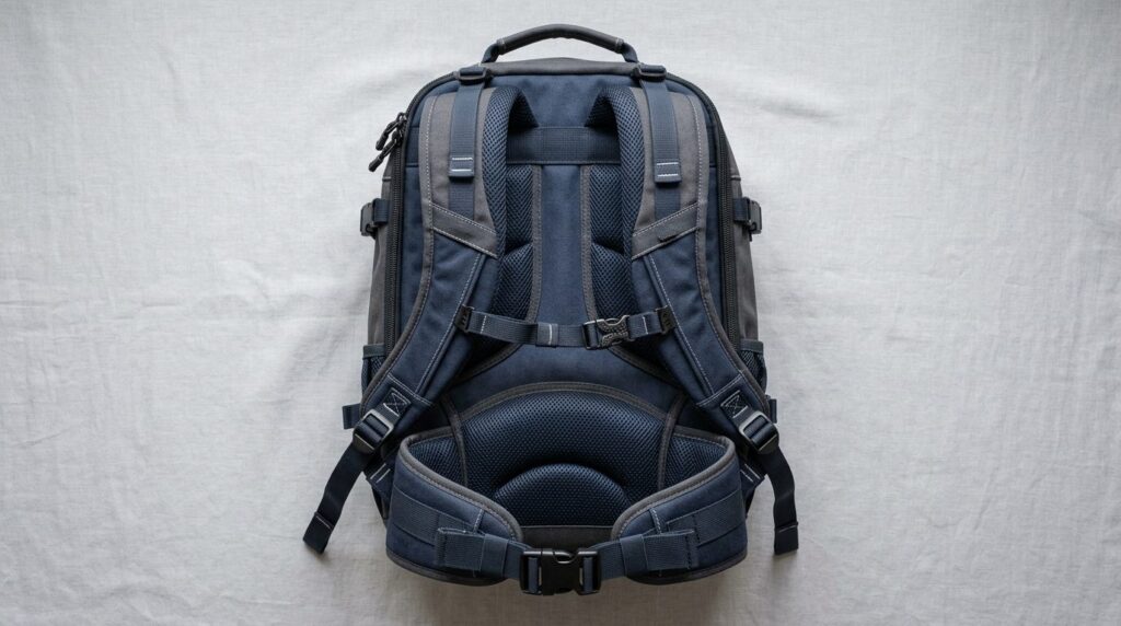 Close-up detail shot of an adjustable school backpack with p