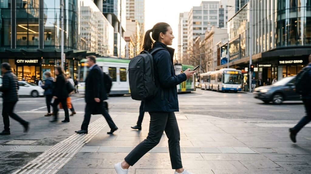 Urban lifestyle photograph of a young professional commuter 