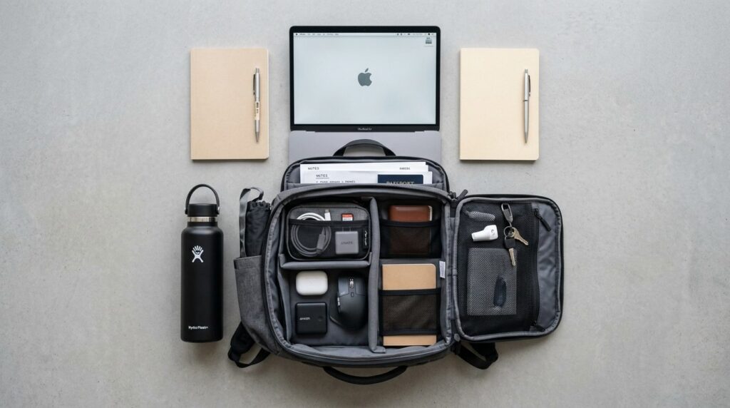 Flat lay overhead shot of an organized backpacks interior c