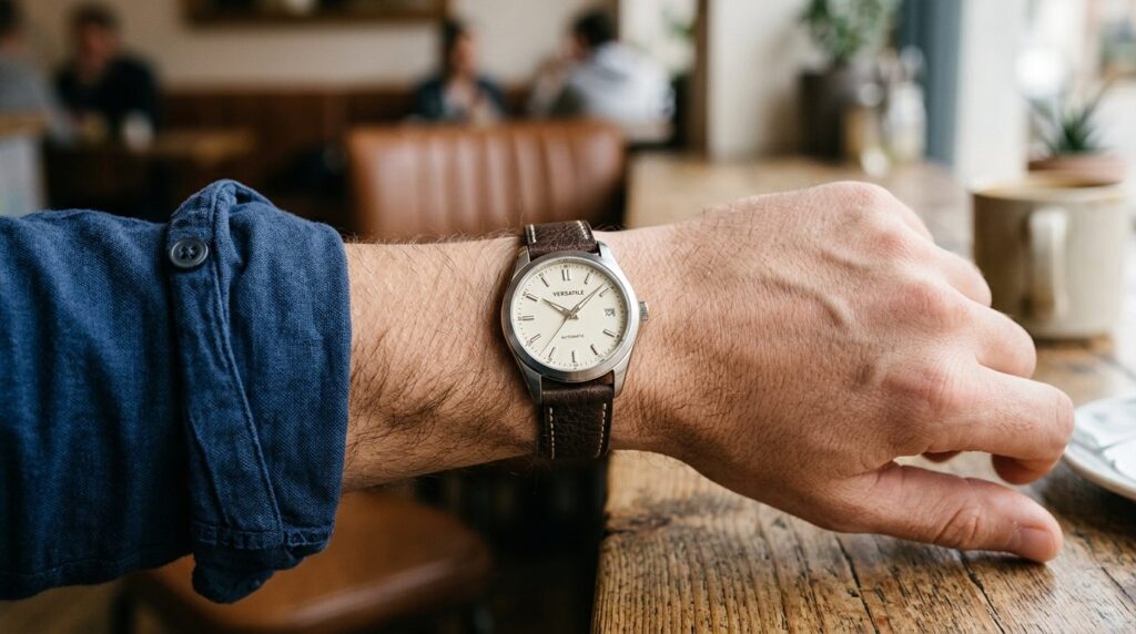 Close-up detail shot of a mans wrist wearing a versatile ev