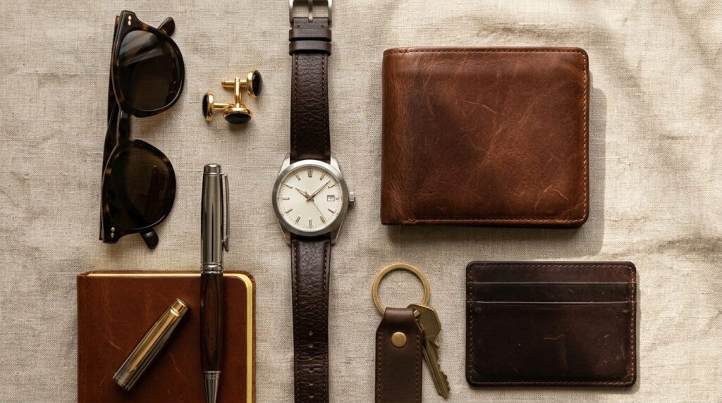 Flat lay composition of mens everyday essentials including 