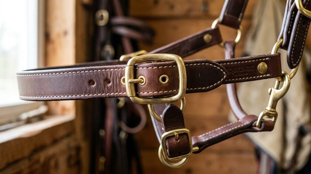 Close-up detail shot of quality horse halter hardware and bu