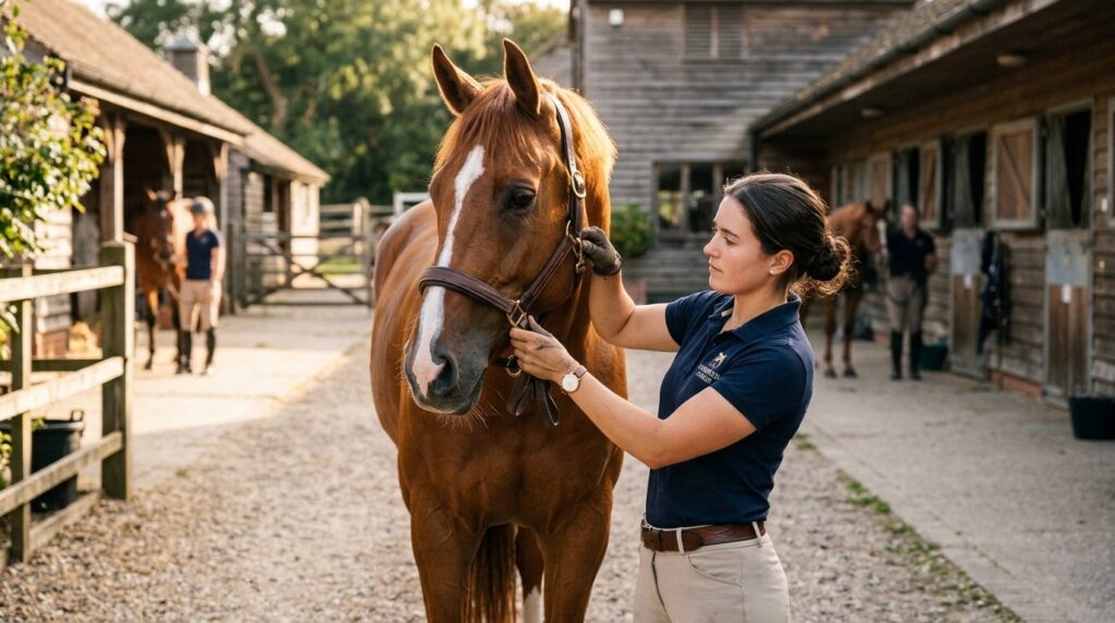 Equestrian handler fitting and adjusting a halter on a chest